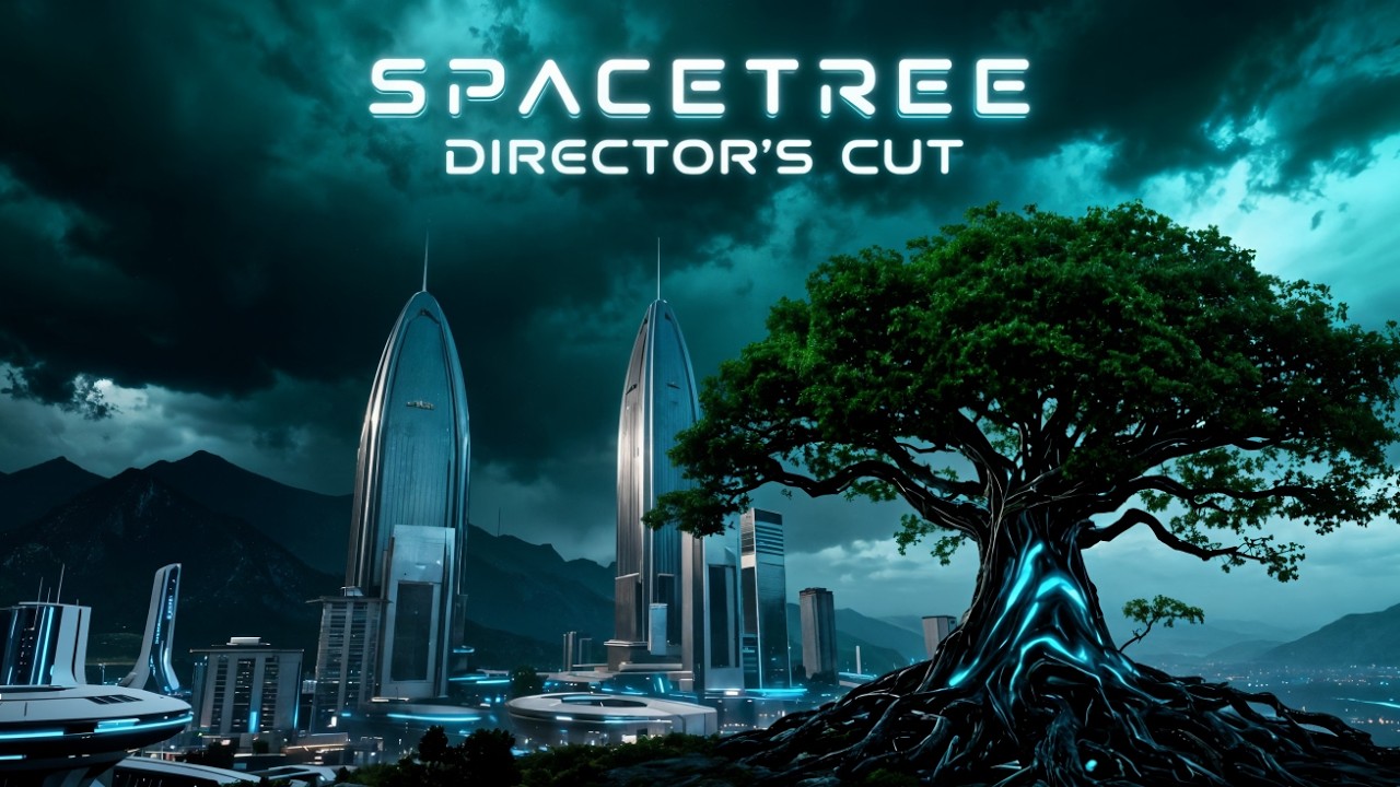 A luminous tree overlooking a futuristic city beneath a turquoise sky