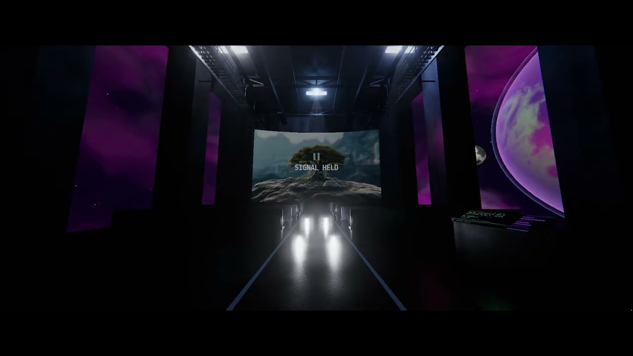 Inside the orbital station theatre, with film screens and violet planets beyond the windows