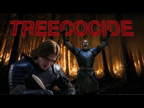 TREECOCIDE title above two armored figures in a burning forest
